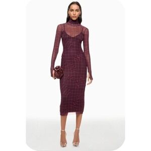 AFRM Shailene Mesh Turtleneck Dress Purple Plaid Sheer Long Sleeve Sz S
